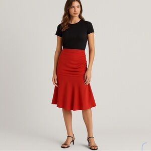 Massimo Dutti Red Ruched Midi Skirt Size 4 | Tiered Flounce Hem